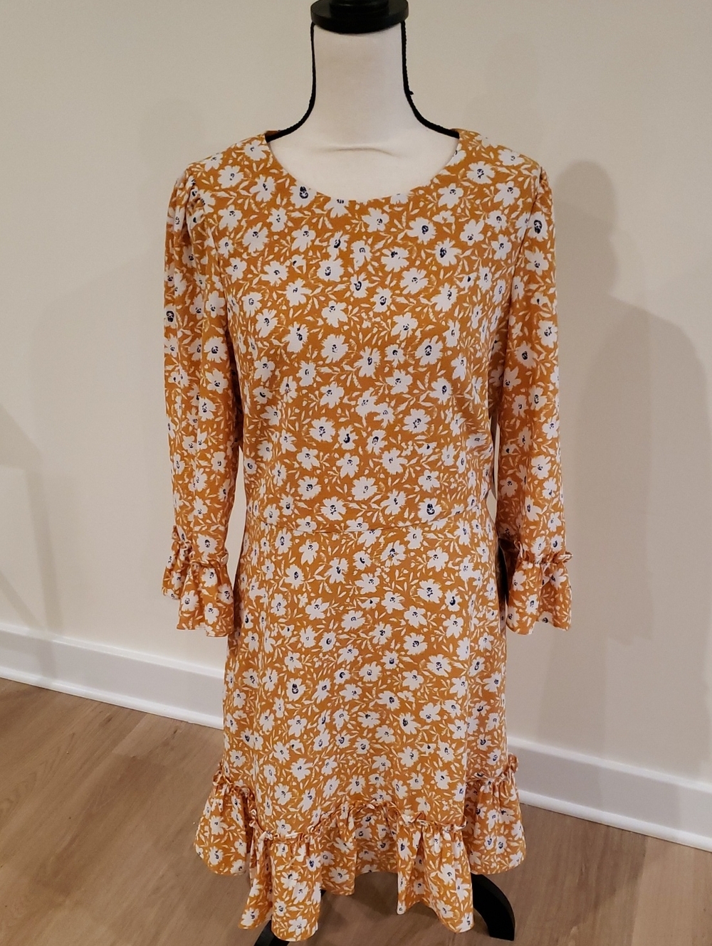 Eliza J Mustard Floral Ruffle Hem Long Sleeve Dress NWT Fall Autumn Nordstrom